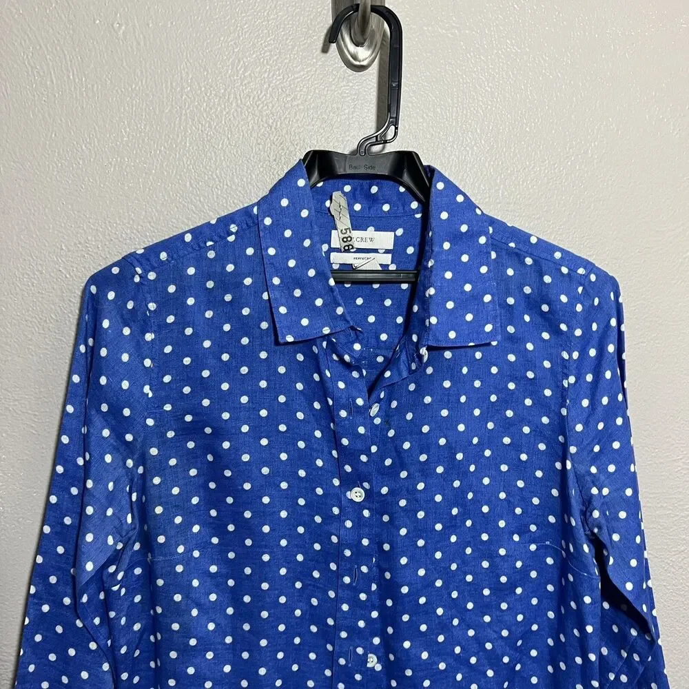 JCrew Womens Polka Dot Linen Top Slim Perfect Button Down Shirt Blue Sz 0